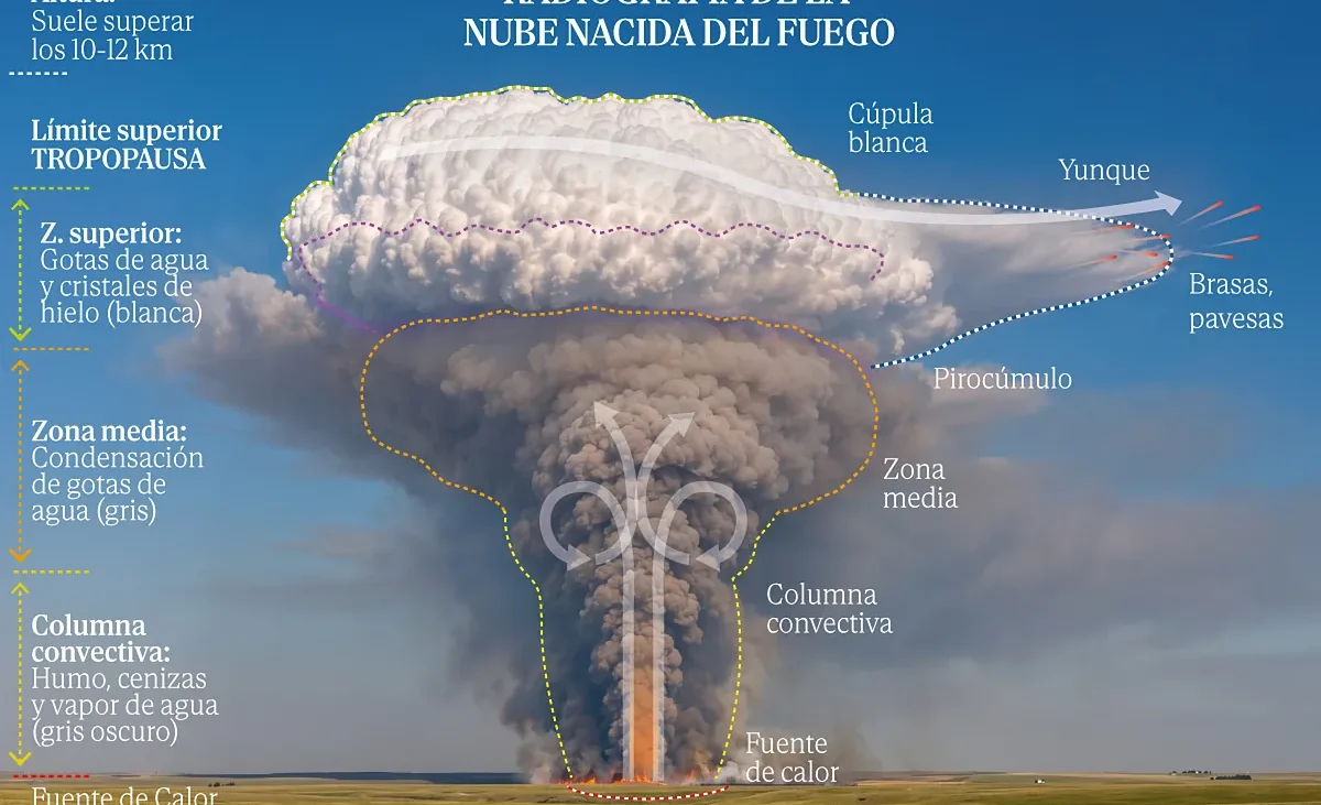 Pirocumulonimbo, la monstruosa nube que nace del propio incendio y lo hace imprevisible: «Es como si el fuego tuviera vida propia»